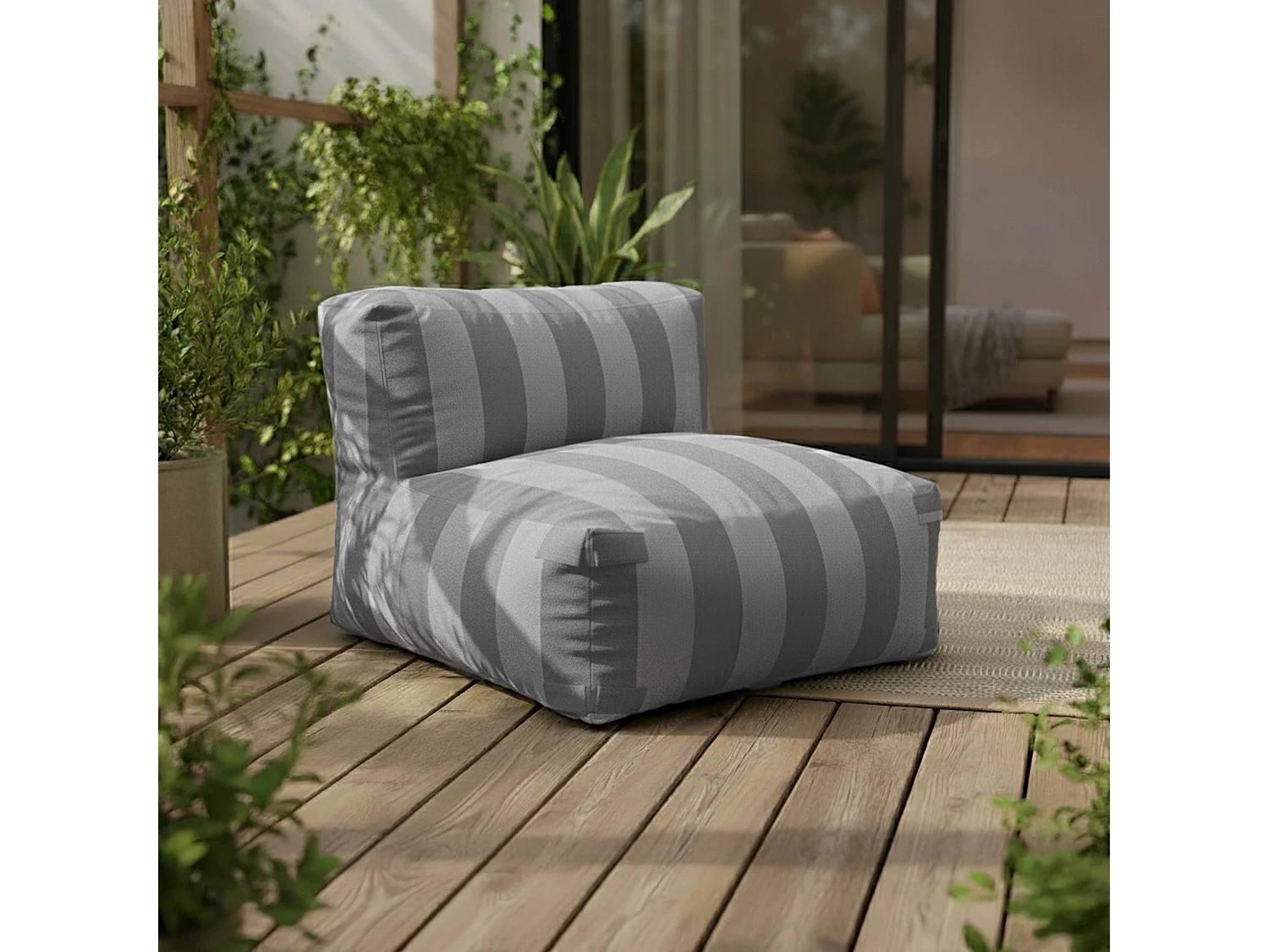 Canapé d'angle rayé de jardin modulable 4 places gris