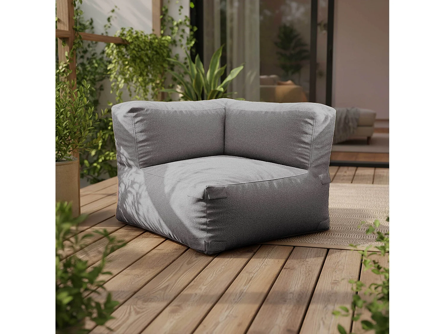 Canapé d'angle rayé de jardin modulable 4 places gris