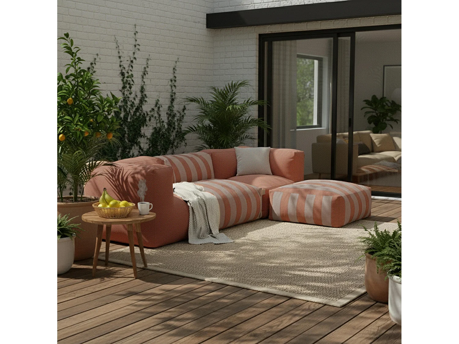 Canapé d'angle rayé de jardin modulable 4 places terracotta