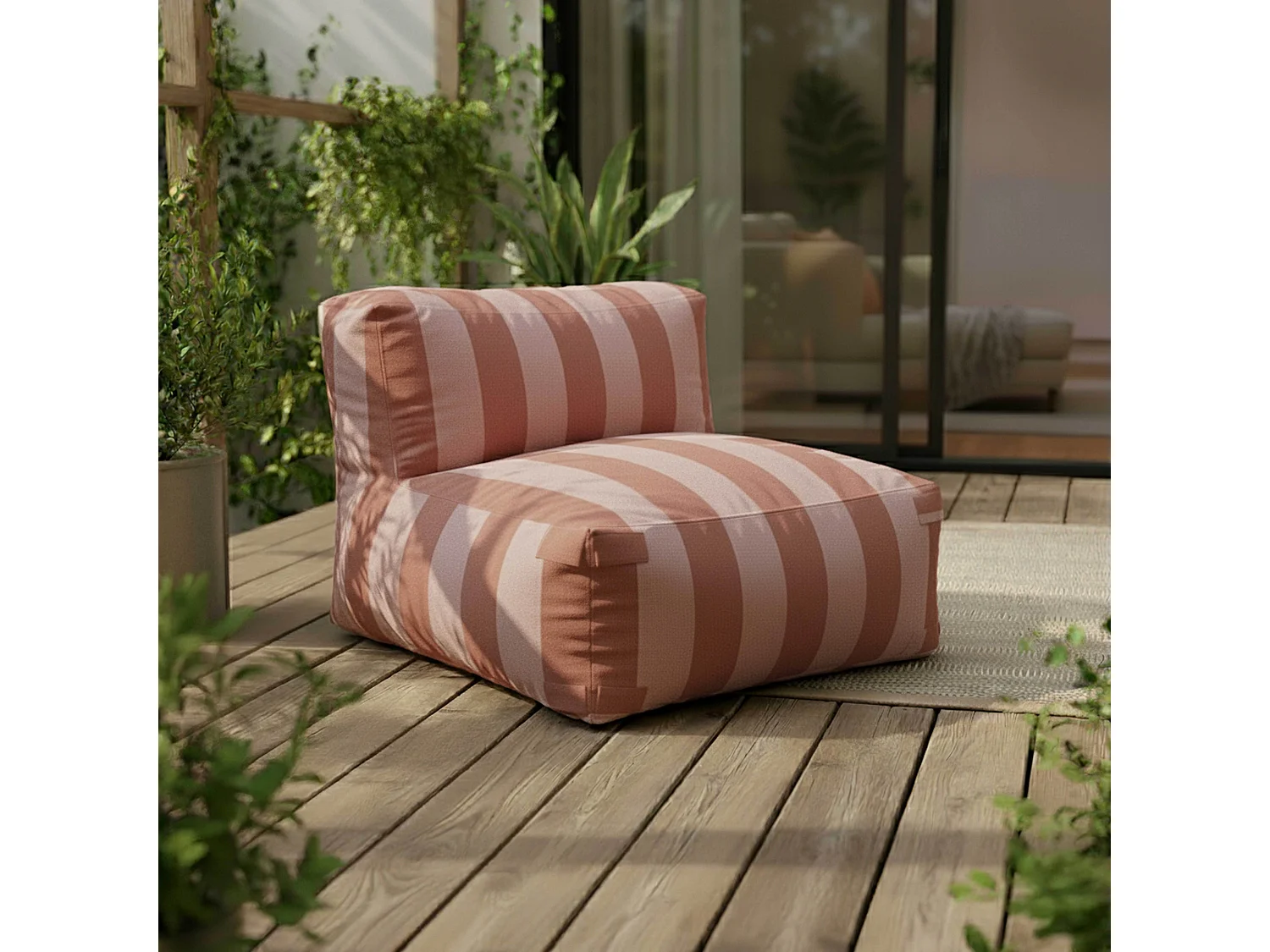 Canapé d'angle rayé de jardin modulable 4 places terracotta