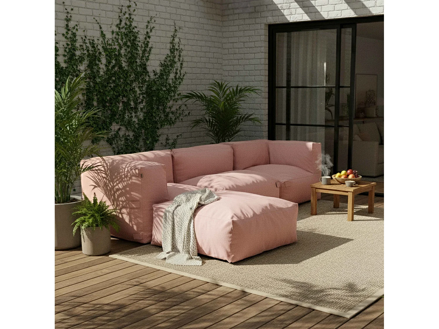 Modulaire hoekbank met 1 fauteuil, 2 hoeken en 1 poederroze poef