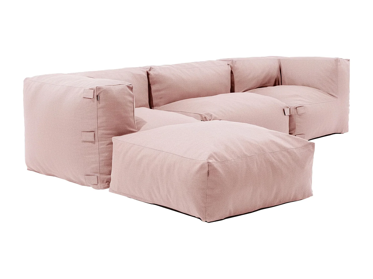 Modulaire hoekbank met 1 fauteuil, 2 hoeken en 1 poederroze poef