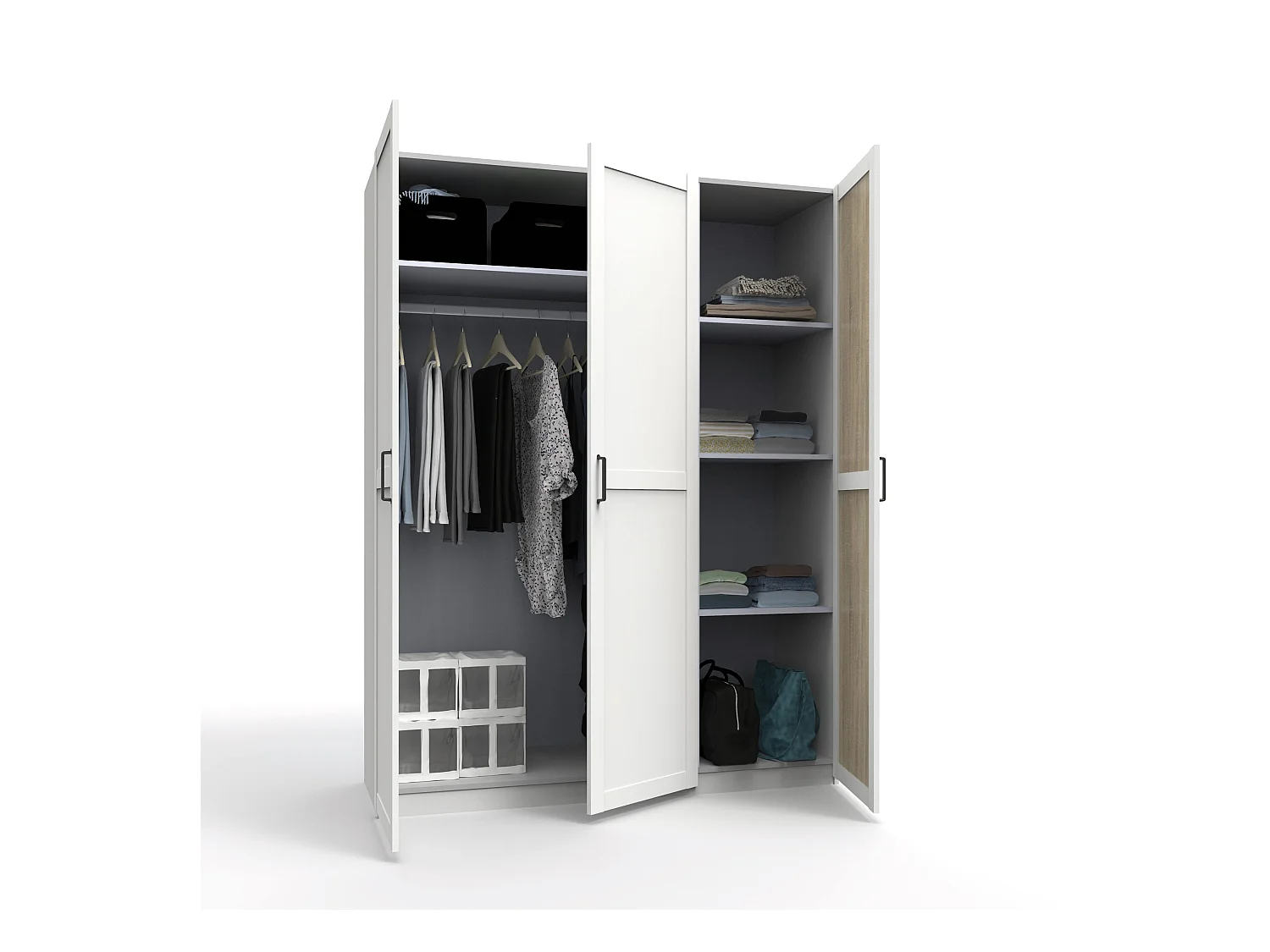 Armoire Placard de rangement avec 3 portes réversible coloris Blanc/cambrien - Longueur 150 x Profondeur 50 x Hauteur 200 cm