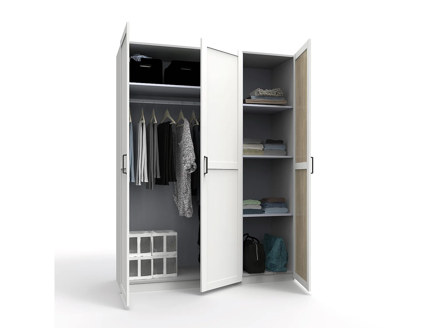 Armoire Placard de rangement avec 3 portes réversible coloris Blanc/cambrien - Longueur 150 x Profondeur 50 x Hauteur 200 cm