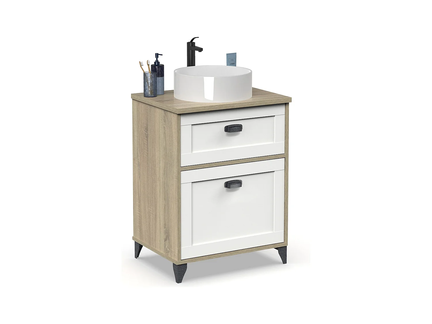 Meuble de salle de bain sous-vasque coloris Blanc/chêne cambrien (lavabo non inclus) - Longueur 61 x Profondeur 47 x Hauteur 80 cm