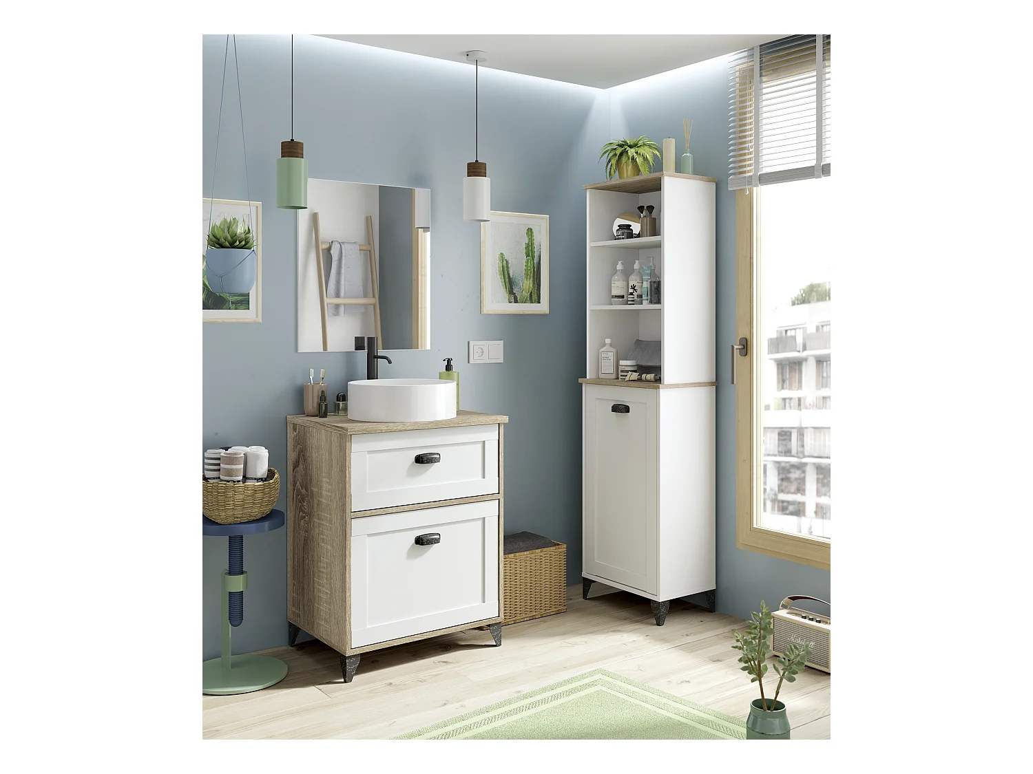 Meuble de salle de bain sous-vasque coloris Blanc/chêne cambrien (lavabo non inclus) - Longueur 61 x Profondeur 47 x Hauteur 80 cm