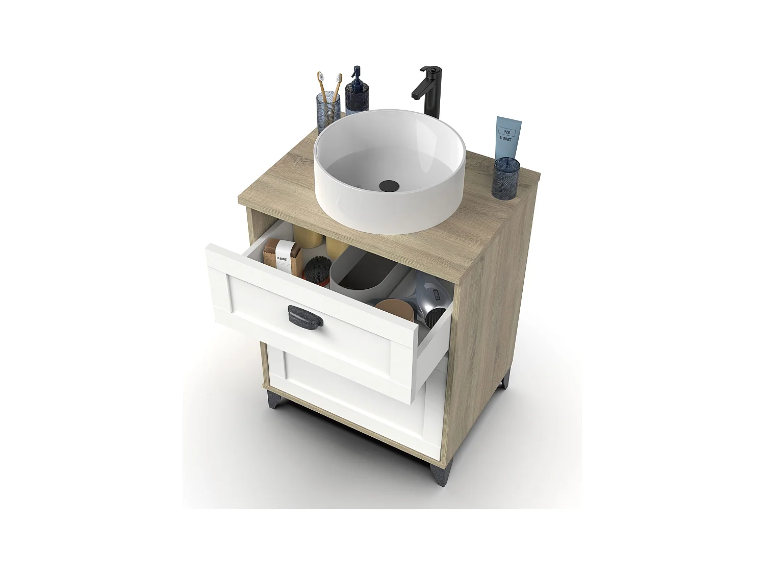 Meuble de salle de bain sous-vasque coloris Blanc/chêne cambrien (lavabo non inclus) - Longueur 61 x Profondeur 47 x Hauteur 80 cm