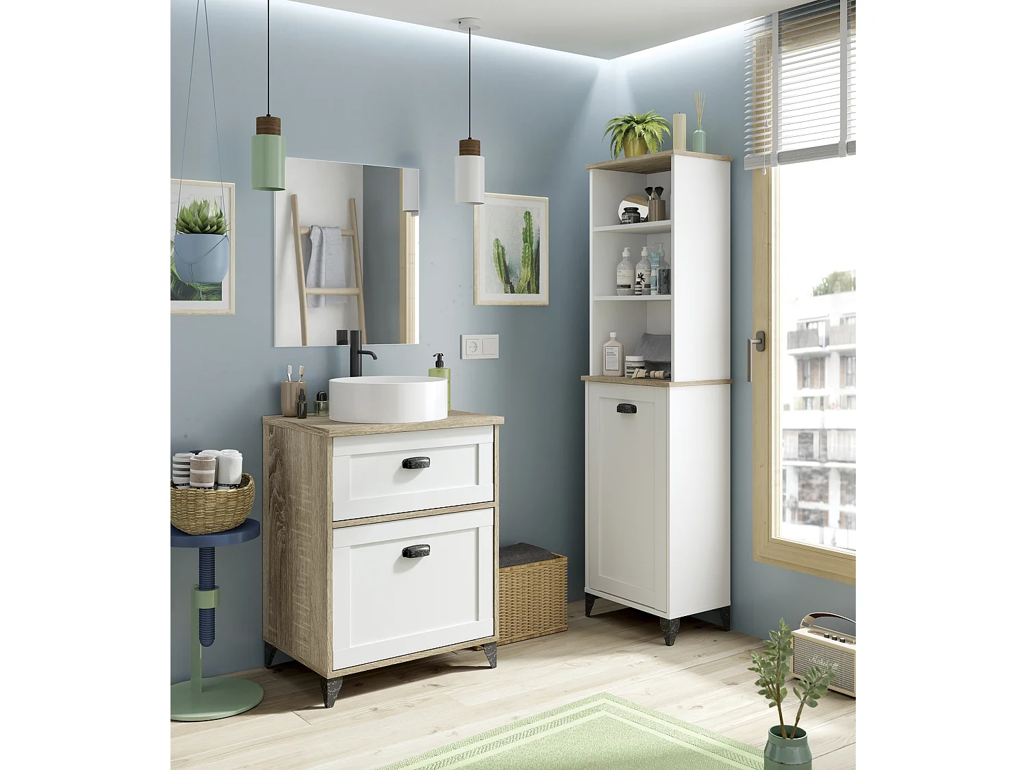 Meuble de salle de bain sous-vasque coloris Blanc/chêne cambrien (lavabo non inclus) - Longueur 61 x Profondeur 47 x Hauteur 80 cm