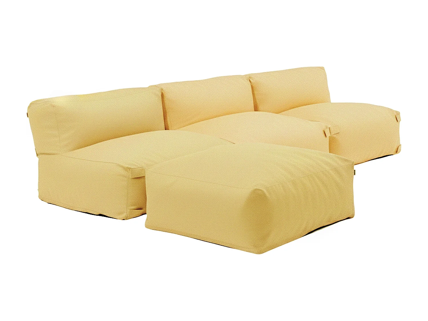 Modulaire vaste hoekbank met 3 fauteuils en 1 lichtgeel poef