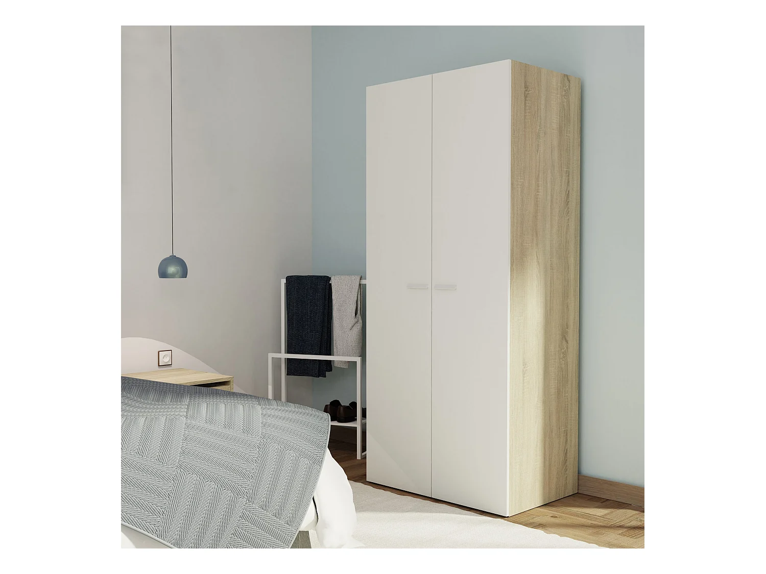 Armoire 2 Portes placard de rangement coloris Blanc/ Chêne Cambrien - Longueur 79 x Profondeur 52 x Hauteur 180 cm