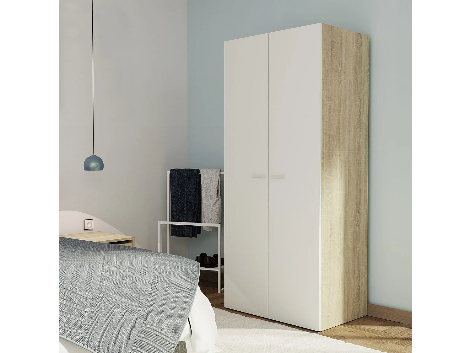 Armoire 2 Portes placard de rangement coloris Blanc/ Chêne Cambrien - Longueur 79 x Profondeur 52 x Hauteur 180 cm