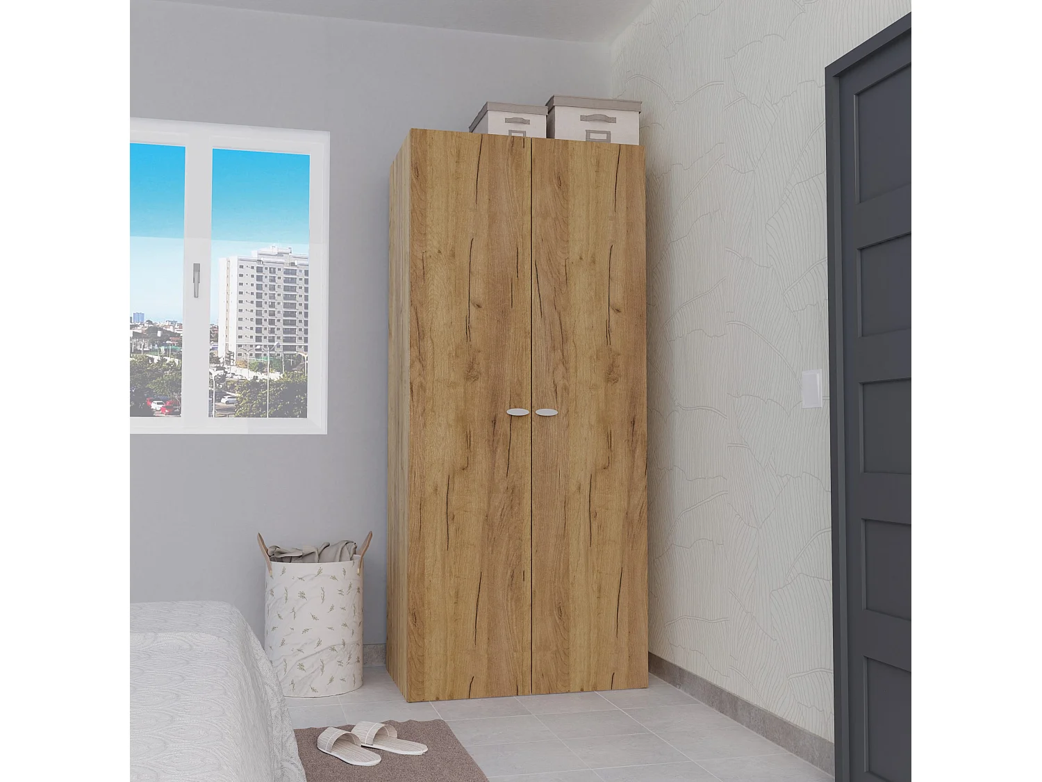 Armoire 2 Portes placard de rangement coloris Chêne - Longueur 79 x Profondeur 52 x Hauteur 180 cm