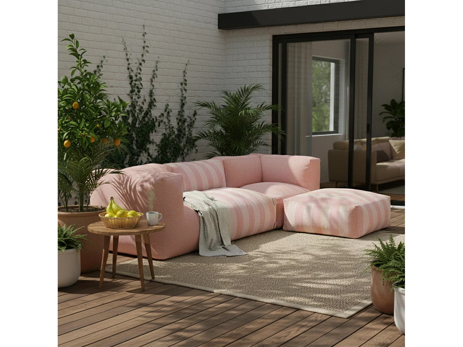 Canapé d'angle rayé de jardin modulable 4 places rose poudré