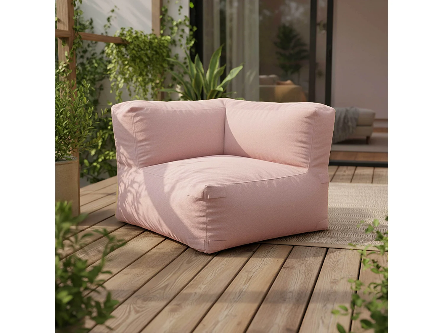 Canapé d'angle rayé de jardin modulable 4 places rose poudré