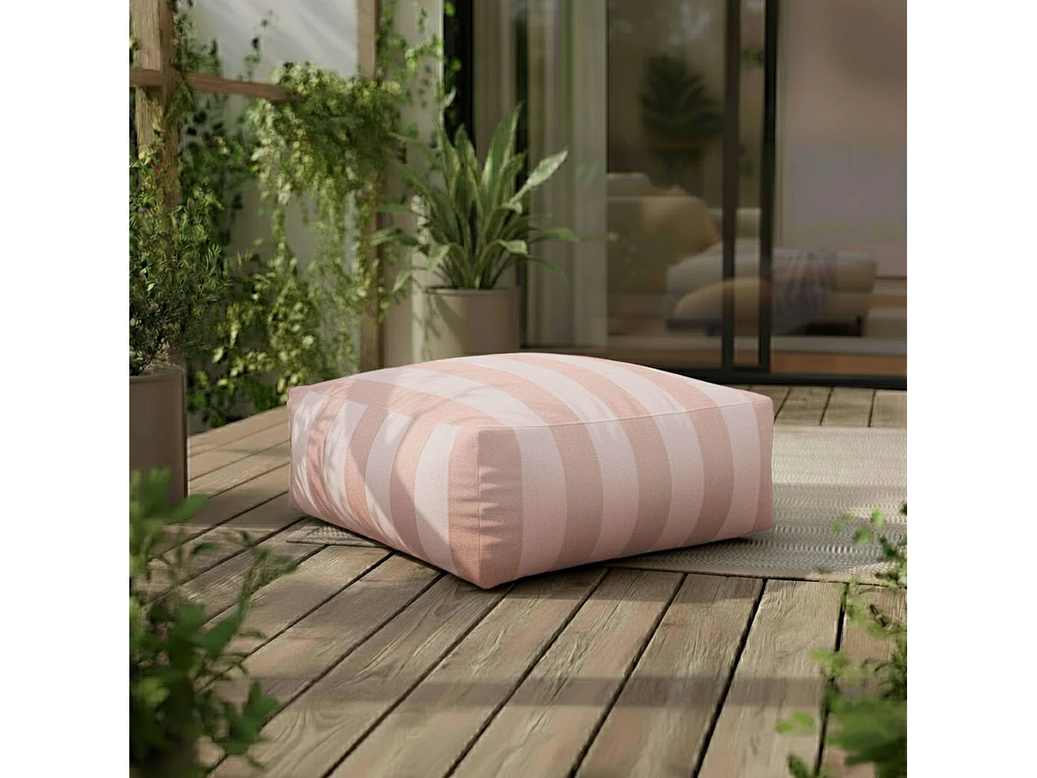 Canapé d'angle rayé de jardin modulable 4 places rose poudré