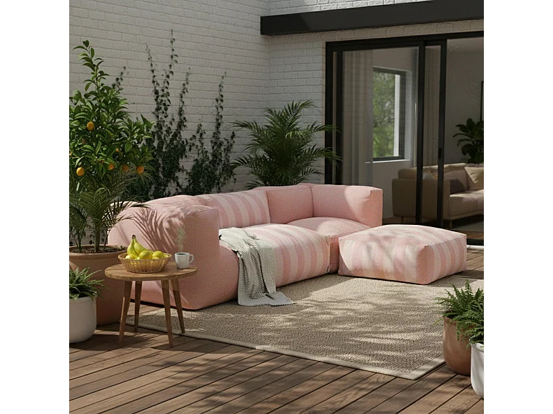 Canapé d'angle rayé de jardin modulable 4 places rose poudré