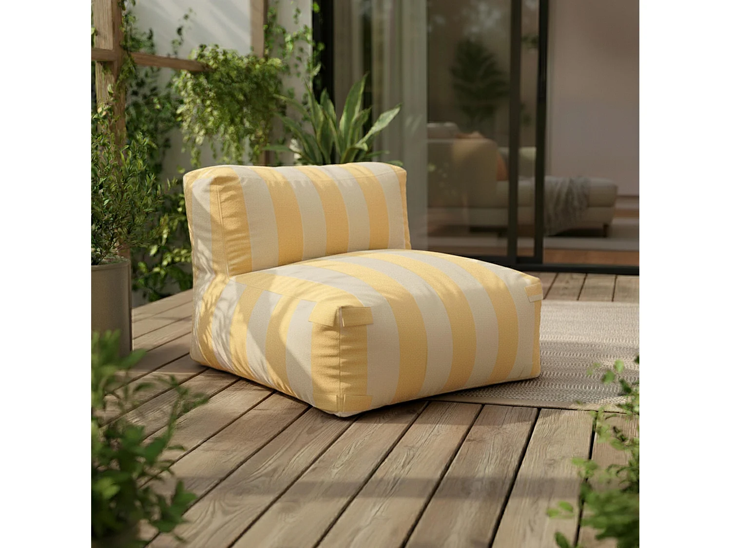 Canapé d'angle rayé de jardin modulable 4 places jaune clair