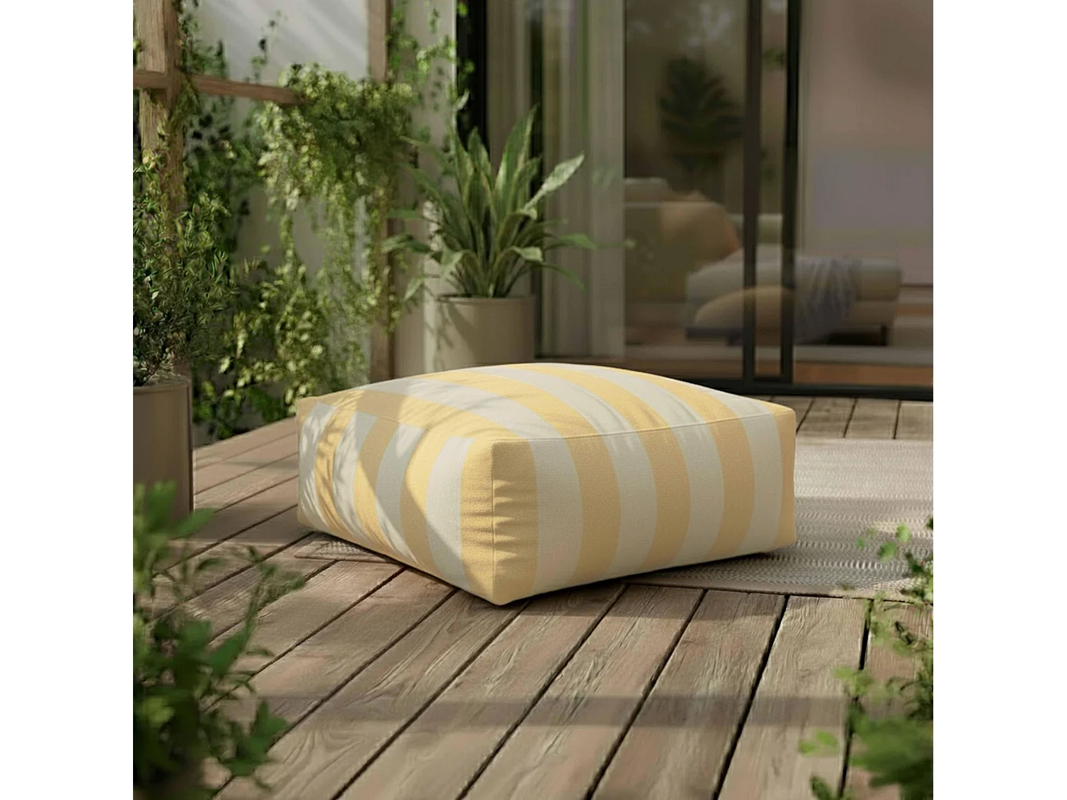 Canapé d'angle rayé de jardin modulable 4 places jaune clair