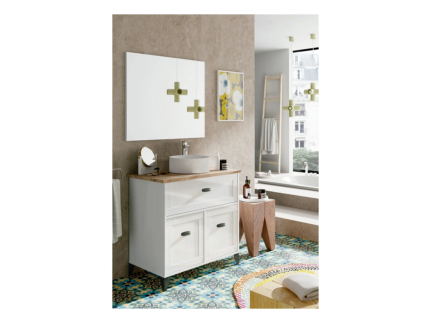 Meuble de salle de bain sous-vasque coloris Blanc/chêne cambrien (lavabo non inclus) - Longueur 82 x Profondeur 47 x Hauteur 82 cm