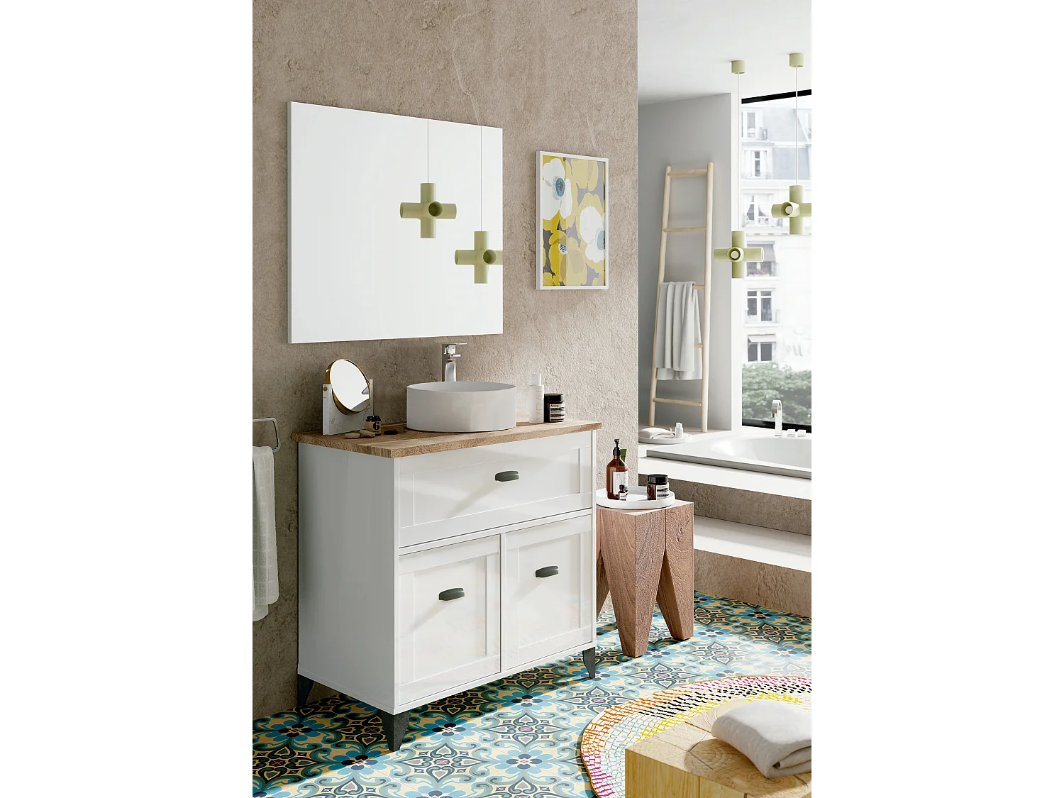 Meuble de salle de bain sous-vasque coloris Blanc/chêne cambrien (lavabo non inclus) - Longueur 82 x Profondeur 47 x Hauteur 82 cm