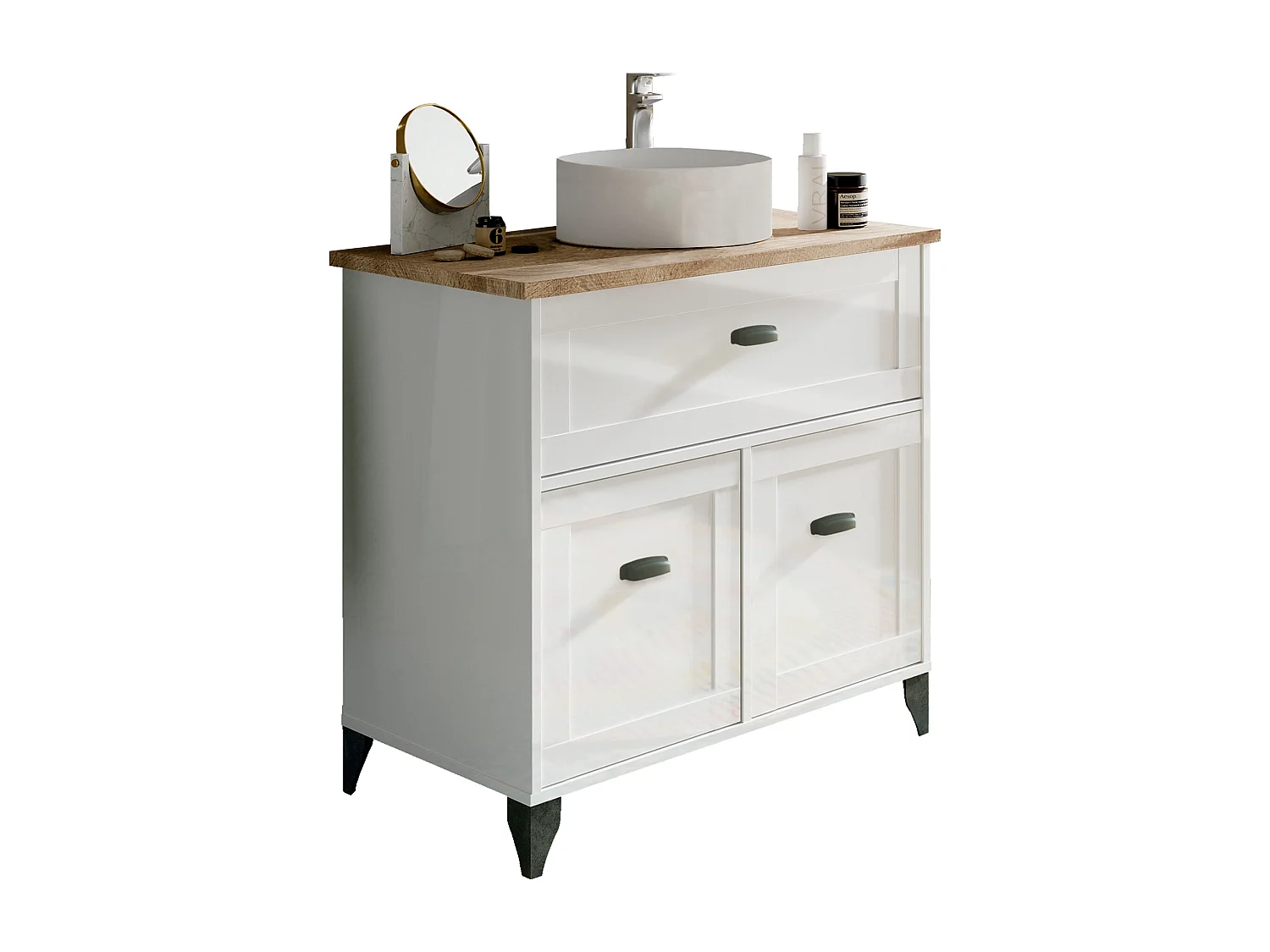 Meuble de salle de bain sous-vasque coloris Blanc/chêne cambrien (lavabo non inclus) - Longueur 82 x Profondeur 47 x Hauteur 82 cm