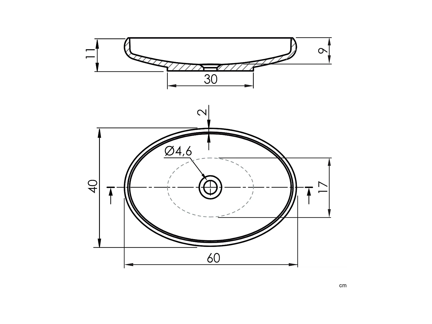 Lavabo ovalado para encimera en Sanydur ESLIDA  60 x 40 cm
