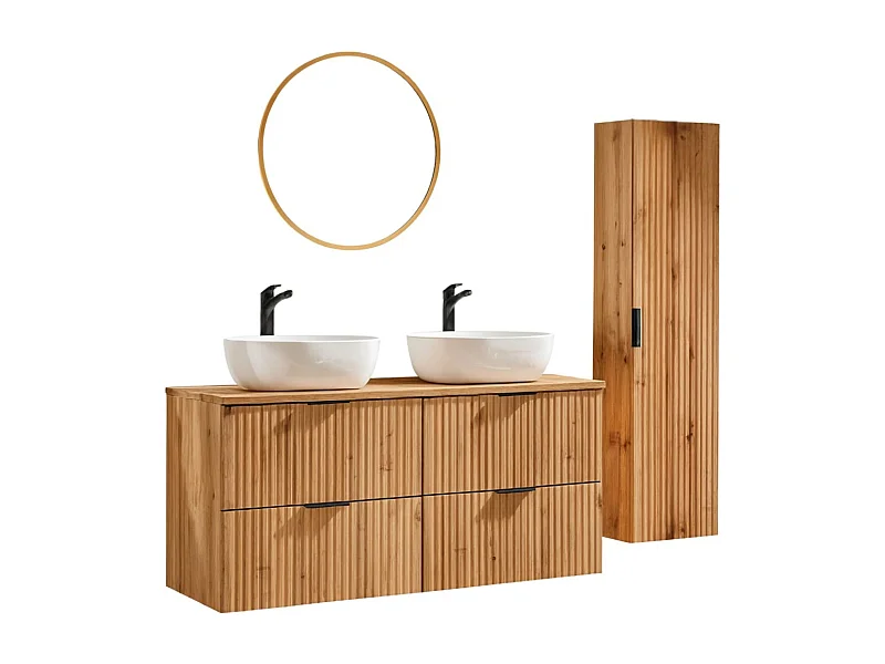 Ensemble de salle de bain NOXERA 120 cm – Chêne wotan – Double vasque, colonne et miroir LED