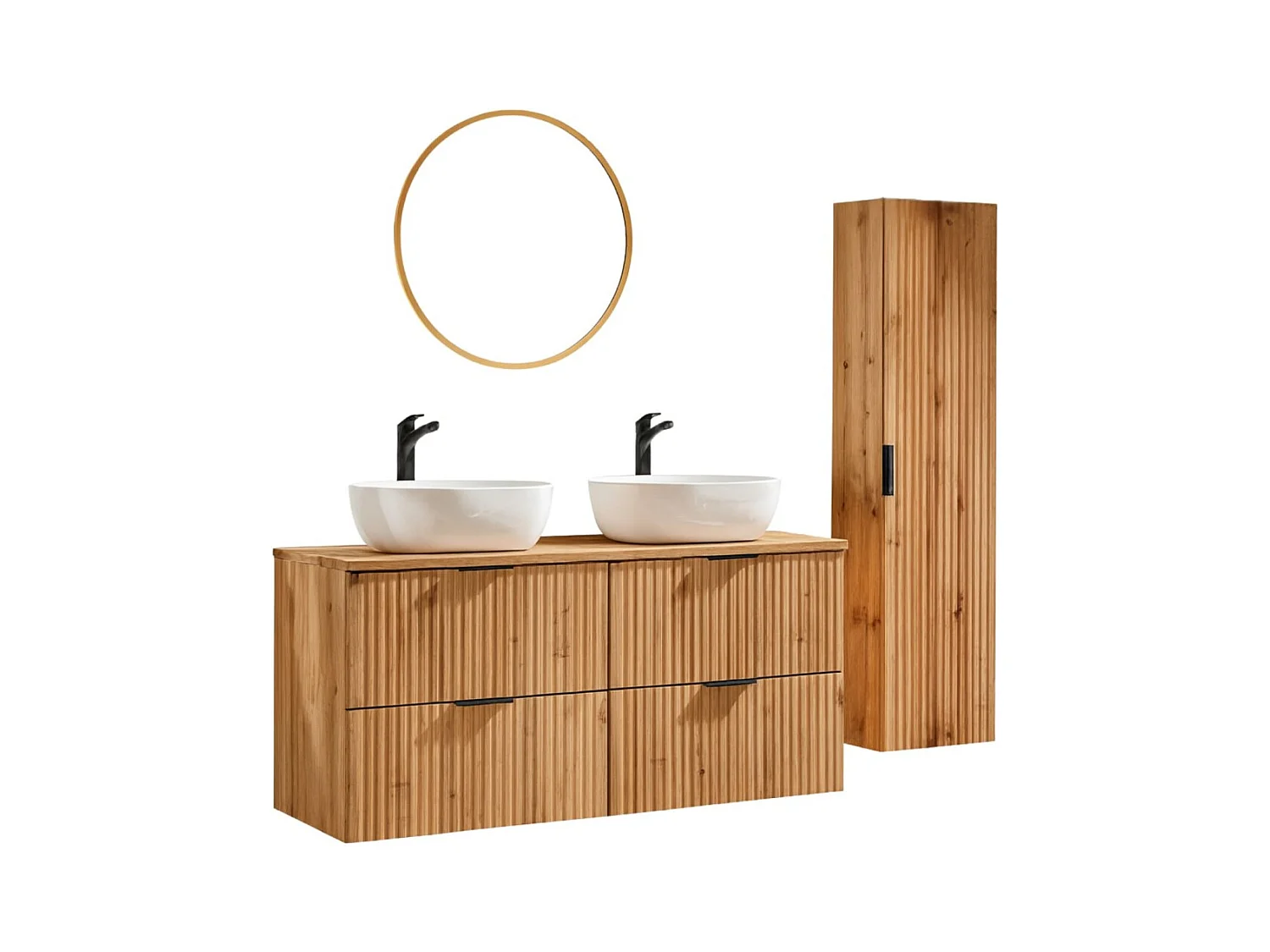 Ensemble de salle de bain NOXERA 120 cm – Chêne wotan – Double vasque, colonne et miroir LED