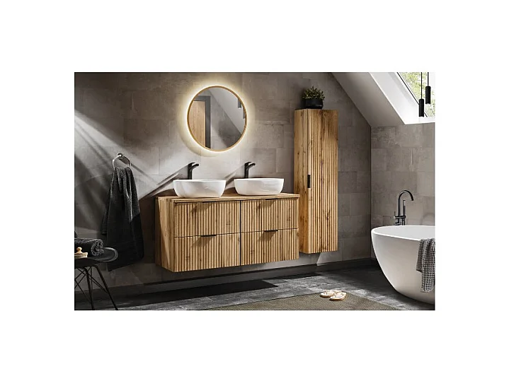 Ensemble de salle de bain NOXERA 120 cm – Chêne wotan – Double vasque, colonne et miroir LED