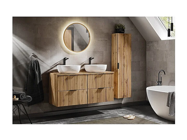 Ensemble de salle de bain NOXERA 120 cm – Chêne wotan – Double vasque, colonne et miroir LED