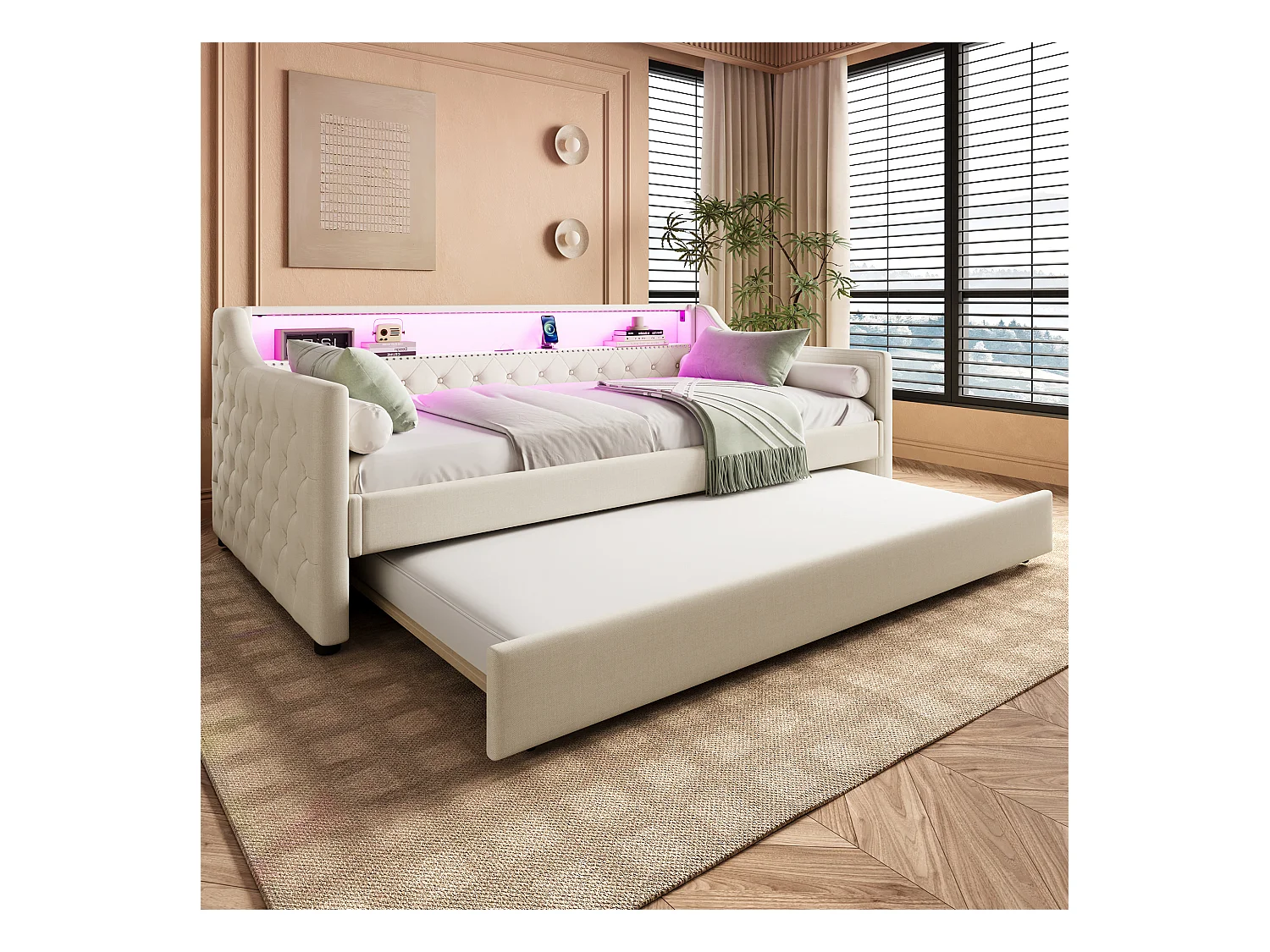 Canapé-lit 90 x 200 cm avec Leds + lit gigogne 90 x 190 cm + sommier à lattes + USB - Lin - Beige