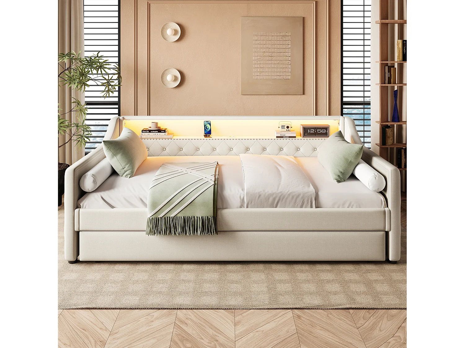 Canapé-lit 90 x 200 cm avec Leds + lit gigogne 90 x 190 cm + sommier à lattes + USB - Lin - Beige