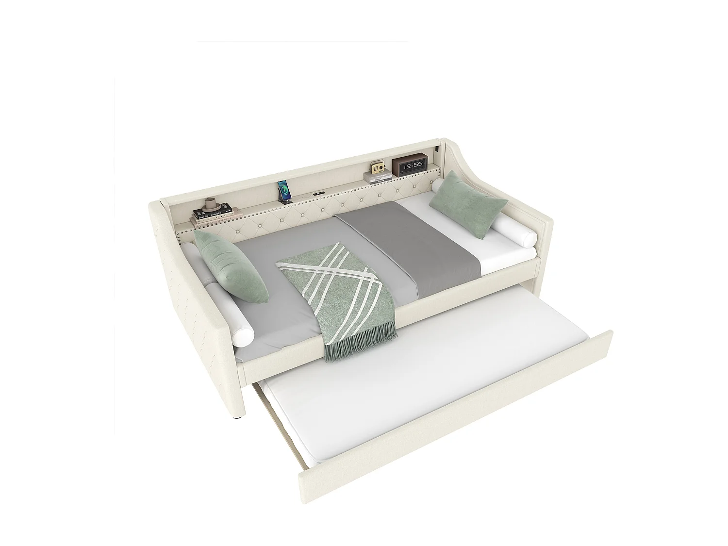 Canapé-lit 90 x 200 cm avec Leds + lit gigogne 90 x 190 cm + sommier à lattes + USB - Lin - Beige