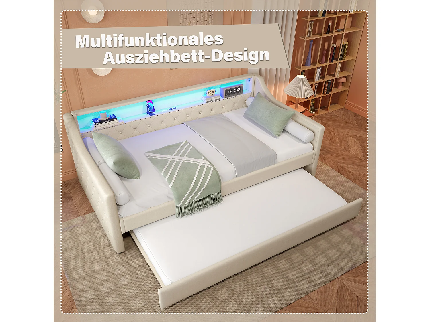 Canapé-lit 90 x 200 cm avec Leds + lit gigogne 90 x 190 cm + sommier à lattes + USB - Lin - Beige