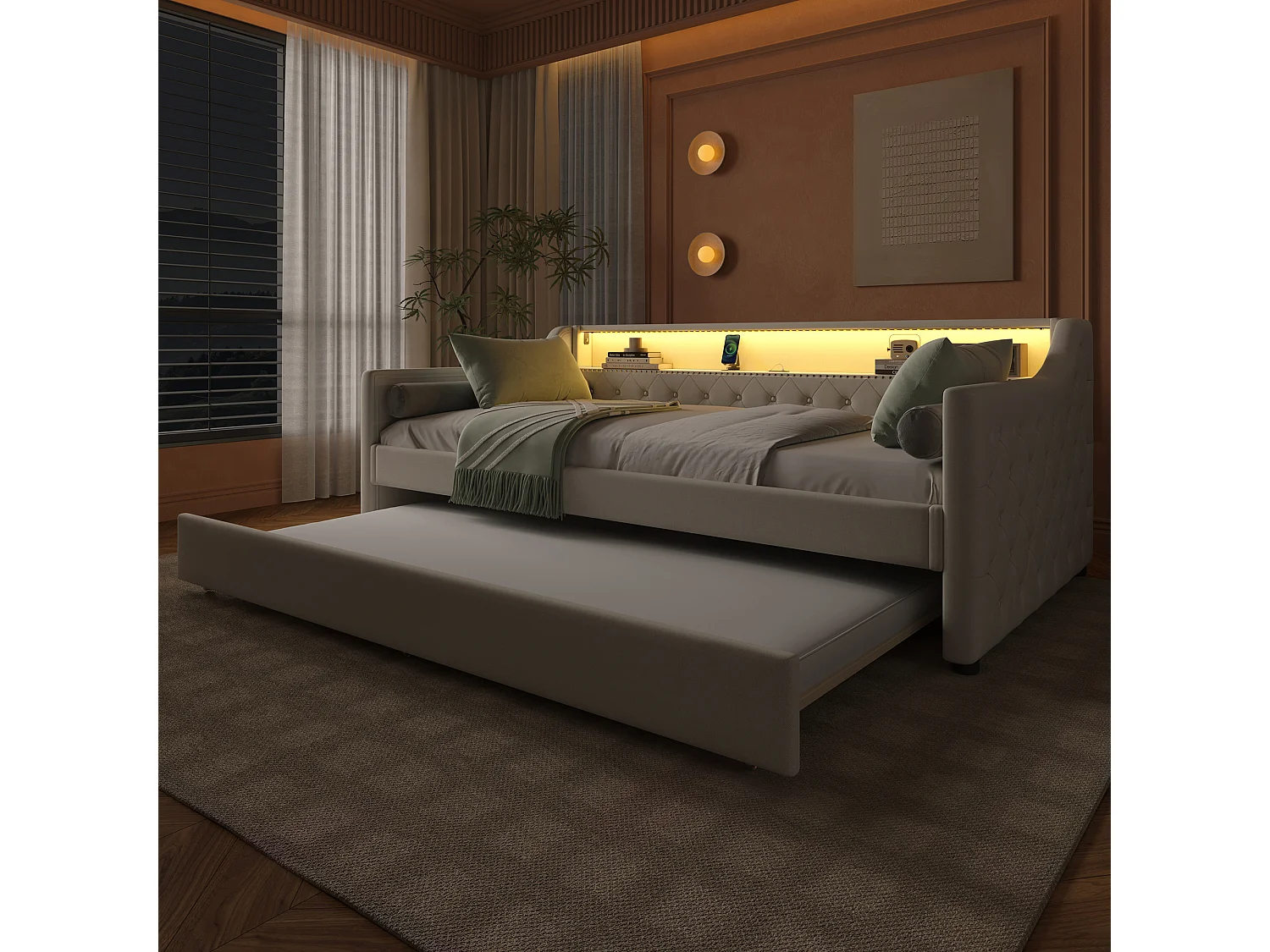 Canapé-lit 90 x 200 cm avec Leds + lit gigogne 90 x 190 cm + sommier à lattes + USB - Lin - Beige