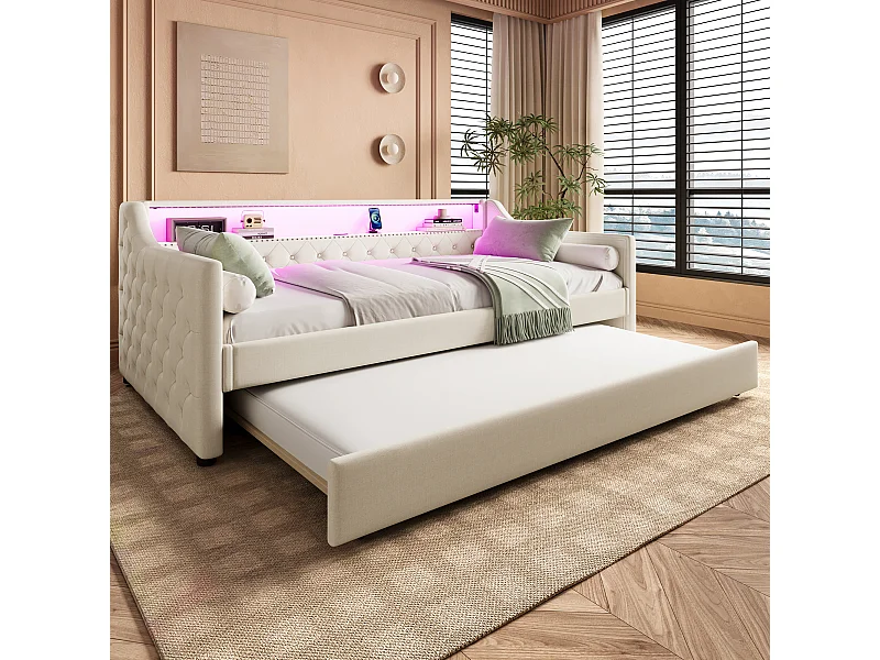 Schlafsofa 90 x 200 cm mit LED-Beleuchtung + Ausziehbett 90 x 190 cm + Lattenrost + USB-Anschluss – Leinen – Beige