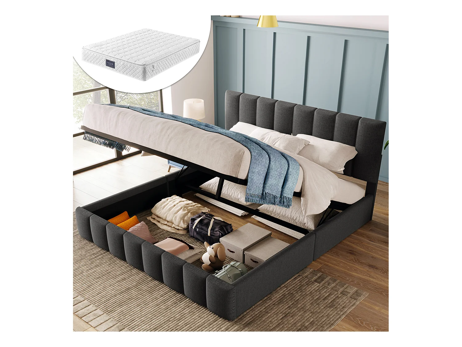 Cama de casal estofada com arrumação - 140 x 200 cm - com cabeceira ajustável + estrado de ripas metálicas - linho - cinza (com colchão)