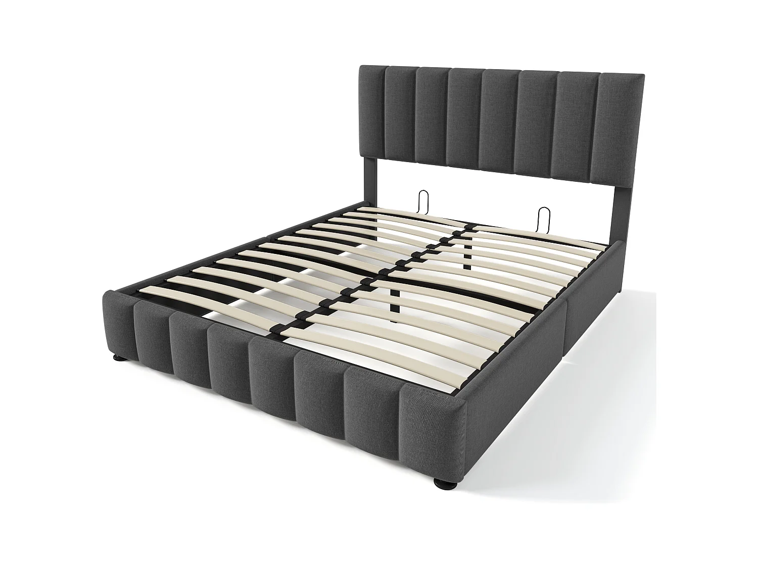 Cama de casal estofada com arrumação - 140 x 200 cm - com cabeceira ajustável + estrado de ripas metálicas - linho - cinza (com colchão)