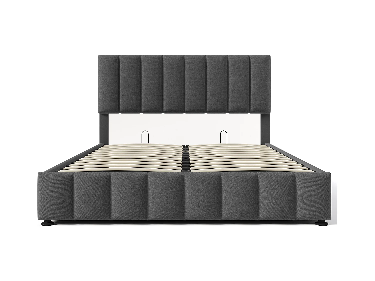 Cama de casal estofada com arrumação - 140 x 200 cm - com cabeceira ajustável + estrado de ripas metálicas - linho - cinza (com colchão)