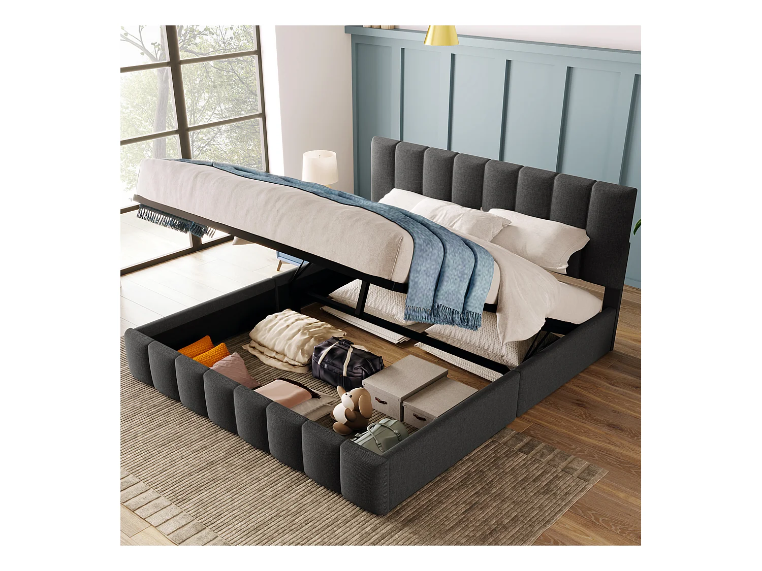 Cama de casal estofada com arrumação - 140 x 200 cm - com cabeceira ajustável + estrado de ripas metálicas - linho - cinza (com colchão)