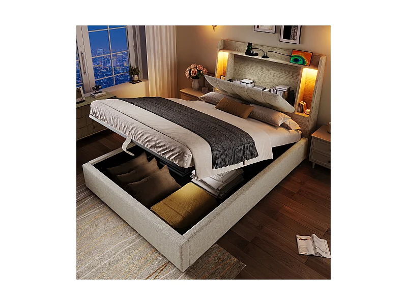 Lit coffre rembourré - 90 x 200 cm - avec USB + Leds + tête de lit de rangement - lin - beige