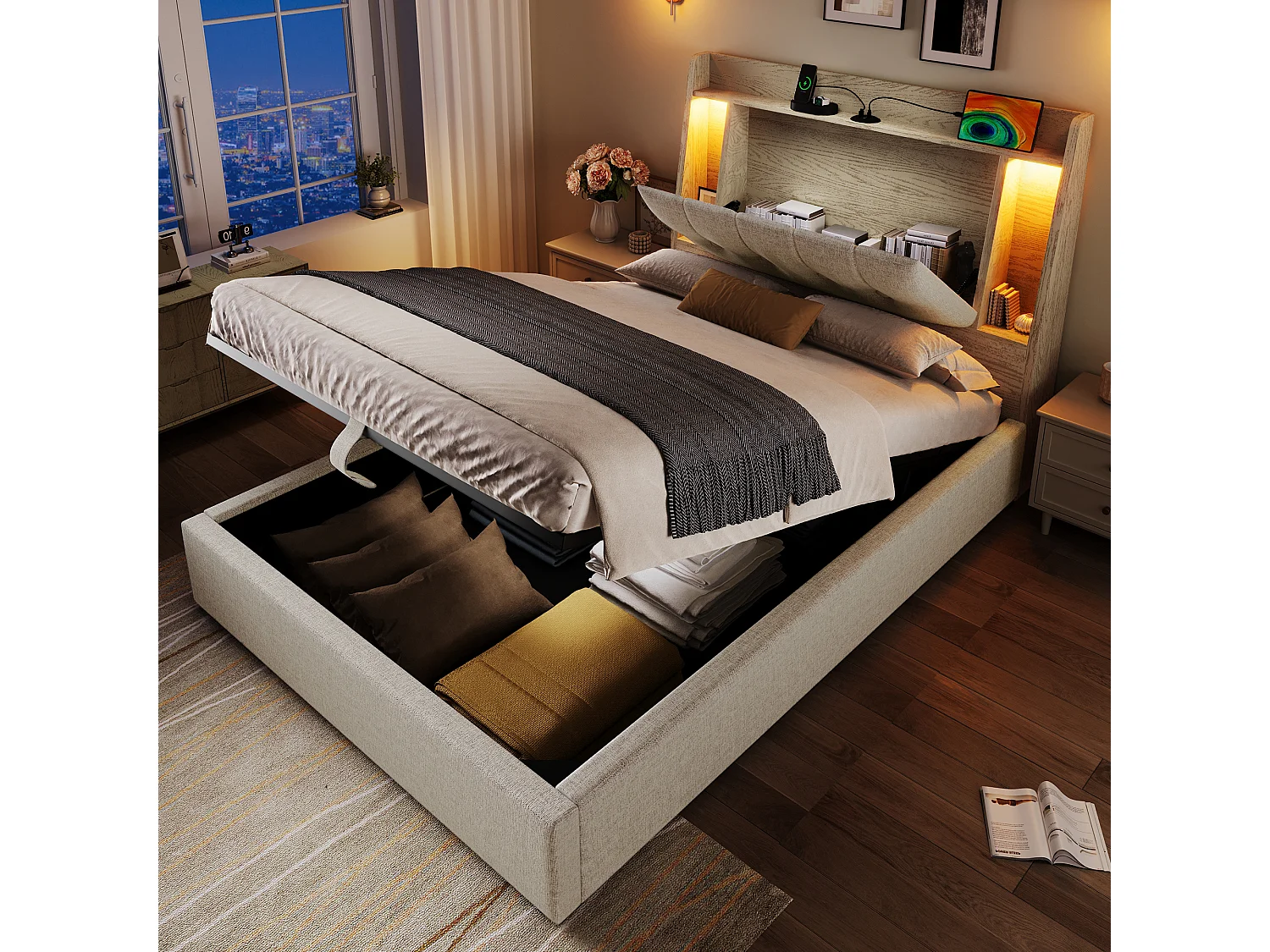 Lit coffre rembourré - 90 x 200 cm - avec USB + Leds + tête de lit de rangement - lin - beige