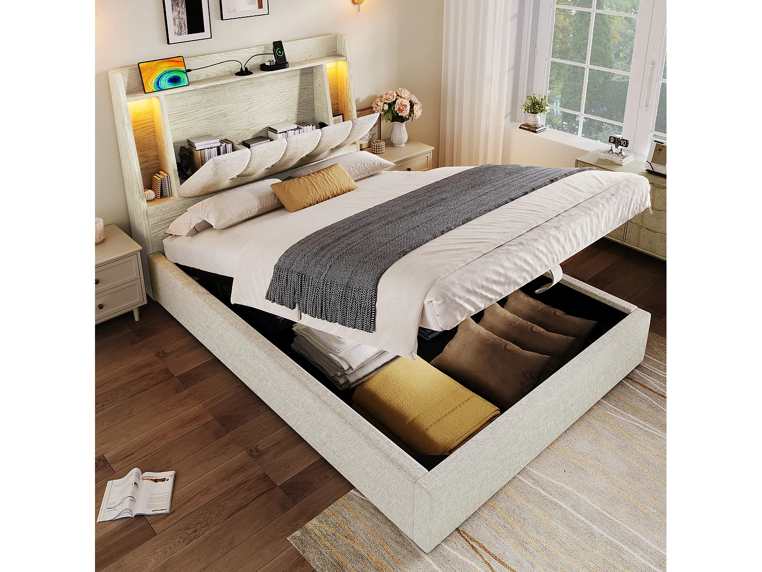 Lit coffre rembourré - 90 x 200 cm - avec USB + Leds + tête de lit de rangement - lin - beige