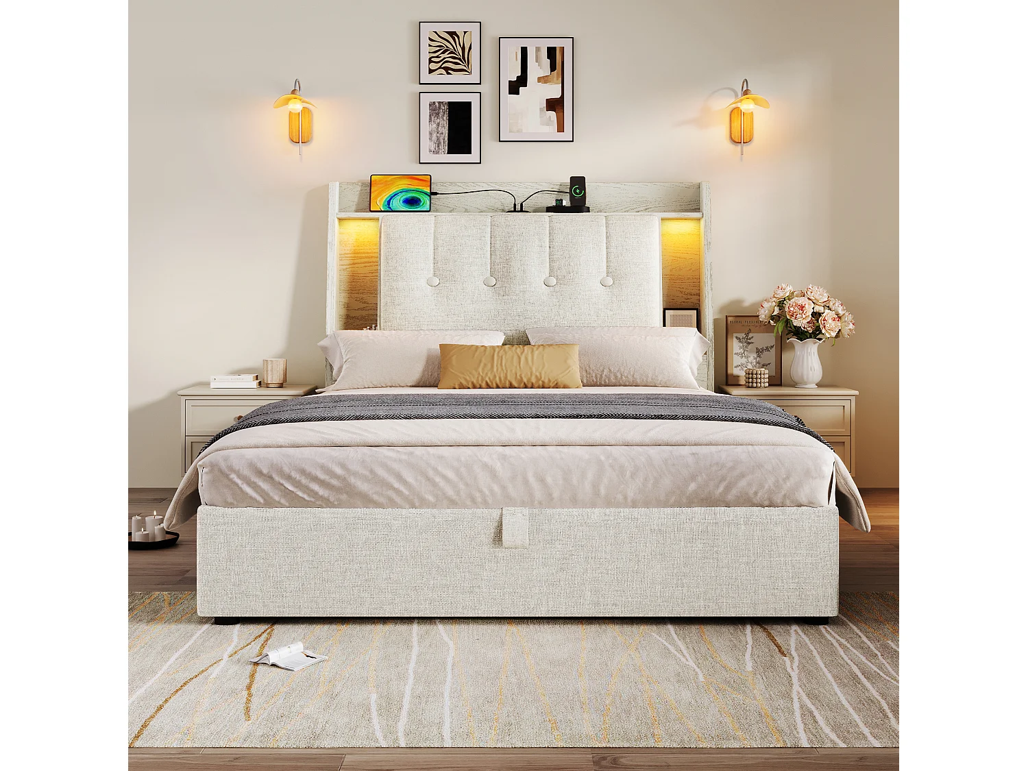 Lit coffre rembourré - 90 x 200 cm - avec USB + Leds + tête de lit de rangement - lin - beige