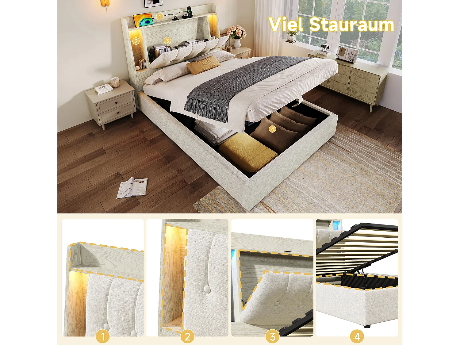 Lit coffre rembourré - 90 x 200 cm - avec USB + Leds + tête de lit de rangement - lin - beige