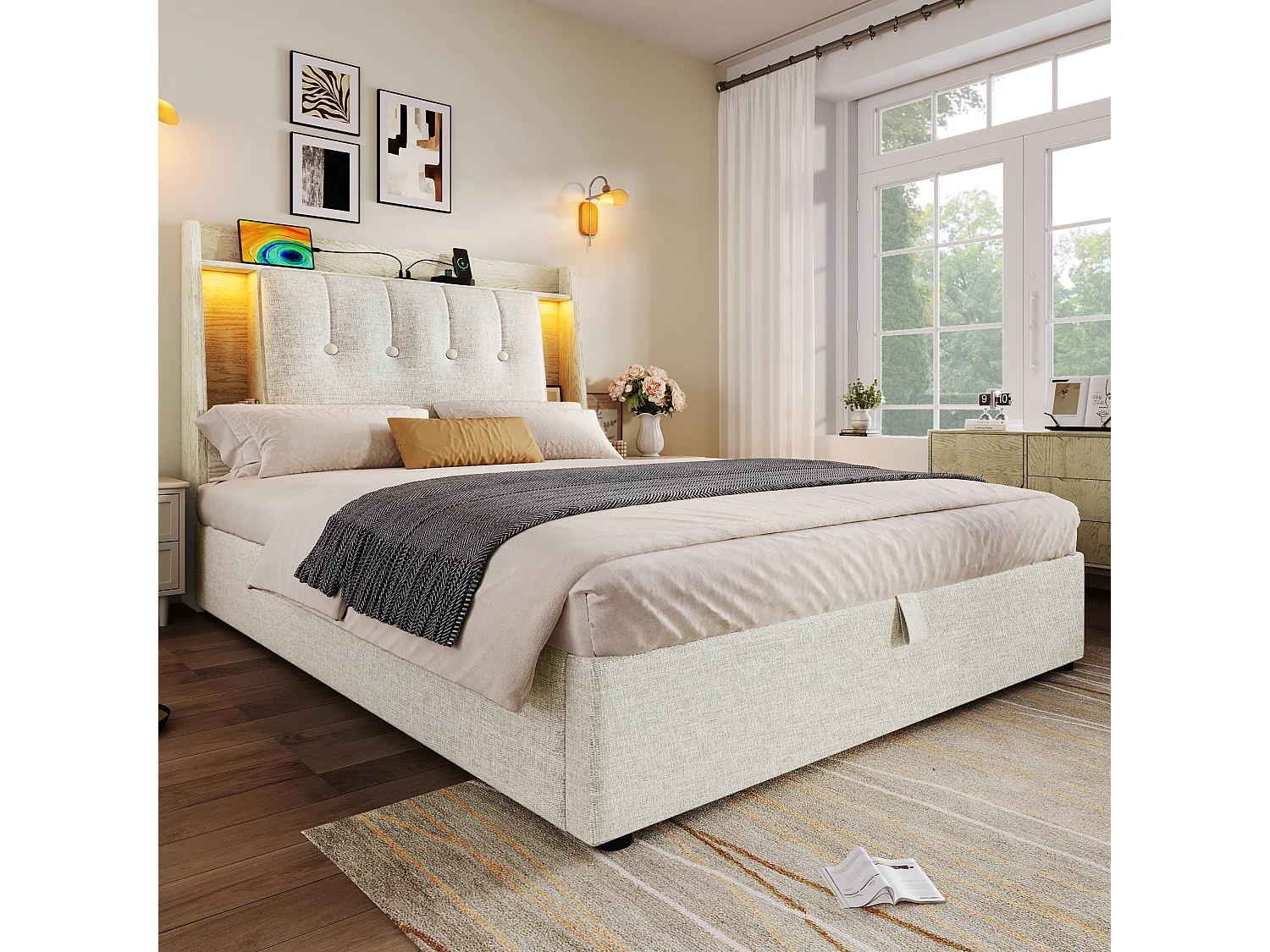 Gepolstertes Bett mit Stauraum – 90 x 200 cm – mit USB-Anschluss, LED-Beleuchtung und Stauraum im Kopfteil – Leinen – Beige
