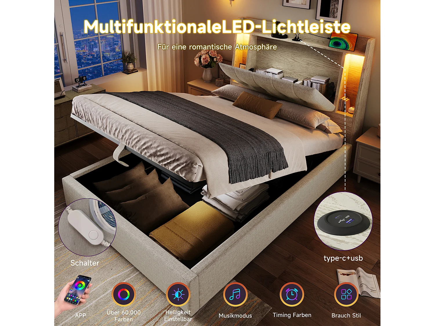 Gepolstertes Bett mit Stauraum – 90 x 200 cm – mit USB-Anschluss, LED-Beleuchtung und Stauraum im Kopfteil – Leinen – Beige