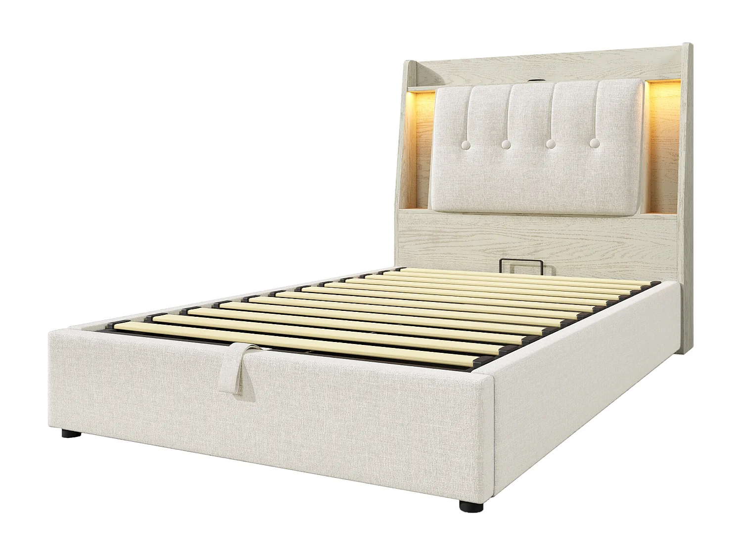 Gepolstertes Bett mit Stauraum – 90 x 200 cm – mit USB-Anschluss, LED-Beleuchtung und Stauraum im Kopfteil – Leinen – Beige