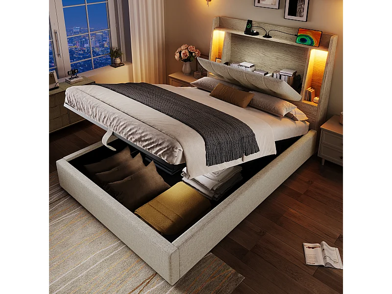Lit coffre rembourré - 90 x 200 cm - avec USB + Leds + tête de lit de rangement - lin - beige