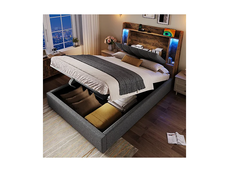 Lit coffre rembourré - 90 x 200 cm - avec USB + Leds + tête de lit de rangement - lin - gris